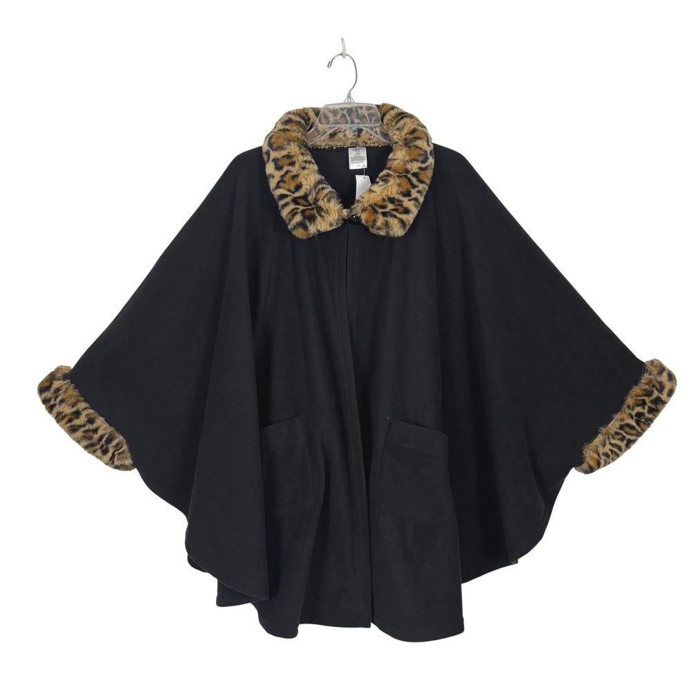y2k Black Cape Coat Leopard Fur Trimmed Collar Cuff MEDIUM Retro Mob Wife Glam